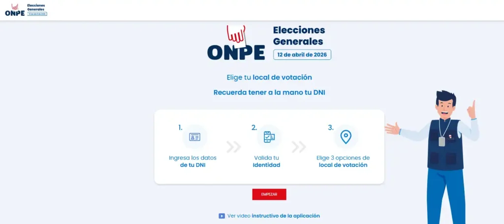 Pantalla de la ONPE para elegir el local de votación en las Elecciones Generales Perú 2026, con pasos para ingresar DNI, validar identidad y seleccionar opciones.